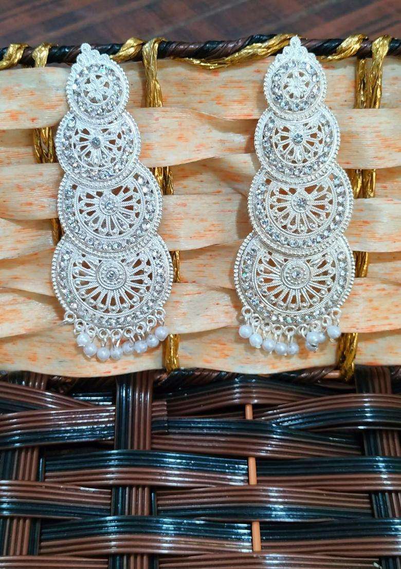 Silver-Plated Artificial Stones Studded and Beaded Drop Earrings for Women | Traditional Ethnic Jewellery for Wedding & Festive Wear | Gift for Her - Indya
