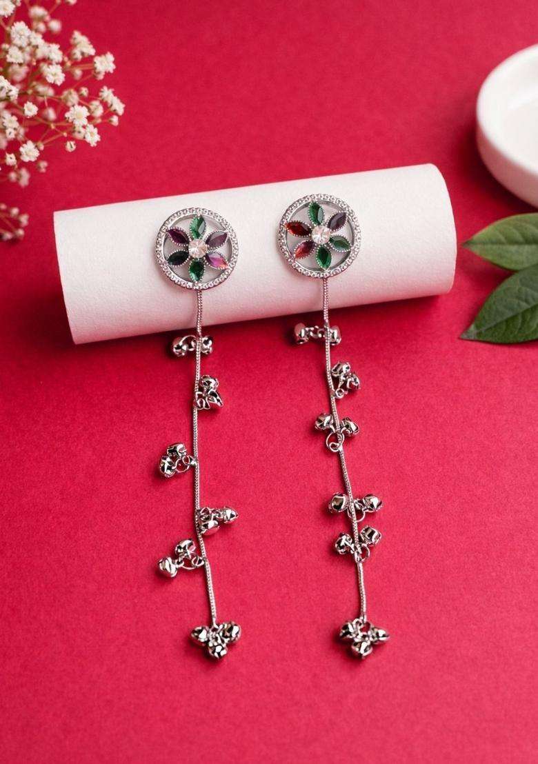 Silver-Plated Floral Drop Earrings with American Diamond for Women | Fusion Party & Festive Wear | Gift for Her - Indya