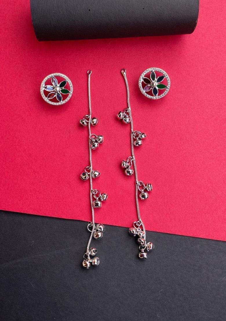 Silver-Plated Floral Drop Earrings with American Diamond for Women | Fusion Party & Festive Wear | Gift for Her - Indya