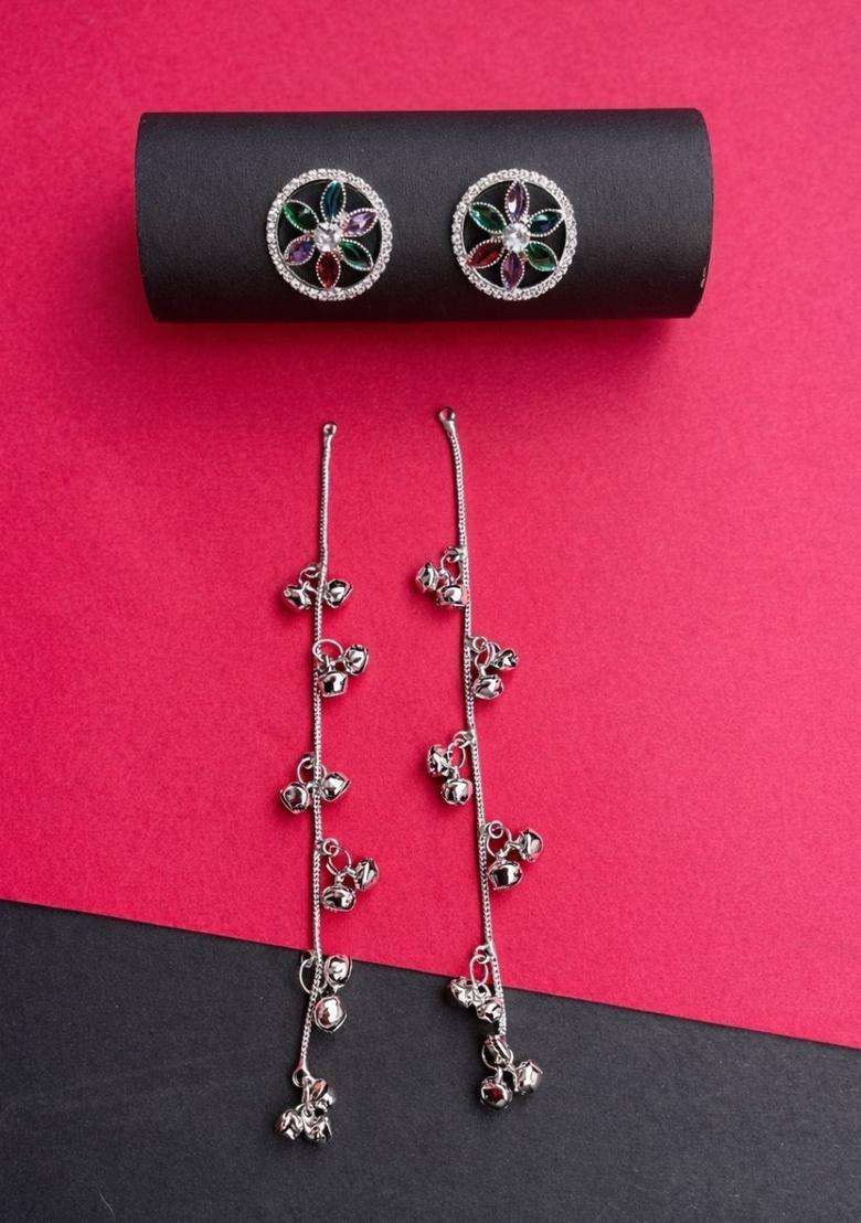 Silver-Plated Floral Drop Earrings with American Diamond for Women | Fusion Party & Festive Wear | Gift for Her - Indya