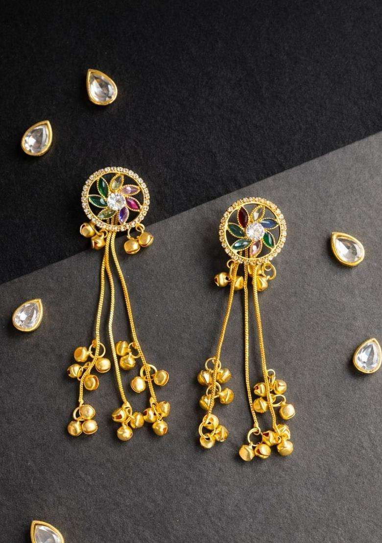 Brass-Plated Circular Drop Earrings with American Diamond for Women | Traditional Ethnic Jewellery for Wedding & Festive Wear | Gift for Her - Indya
