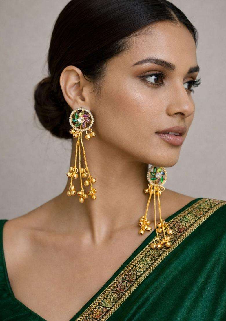 Brass-Plated Circular Drop Earrings with American Diamond for Women | Traditional Ethnic Jewellery for Wedding & Festive Wear | Gift for Her - Indya