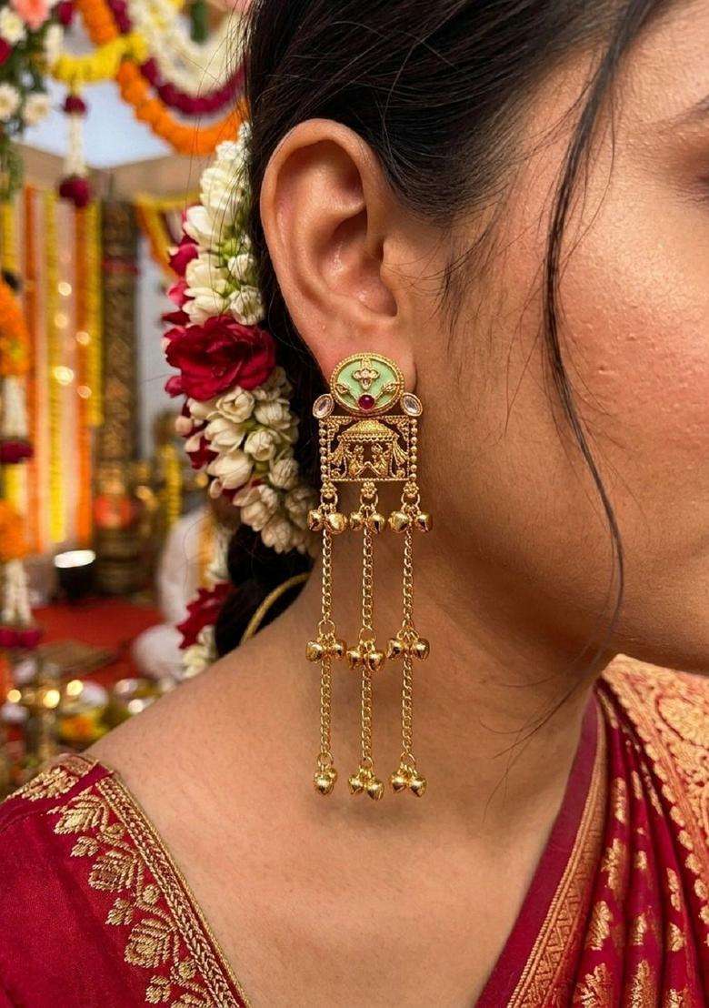 Gold-Plated Geometric Drop Earrings for Women | Traditional Ethnic Jewellery for Wedding & Festive Wear | Gift for Her - Indya