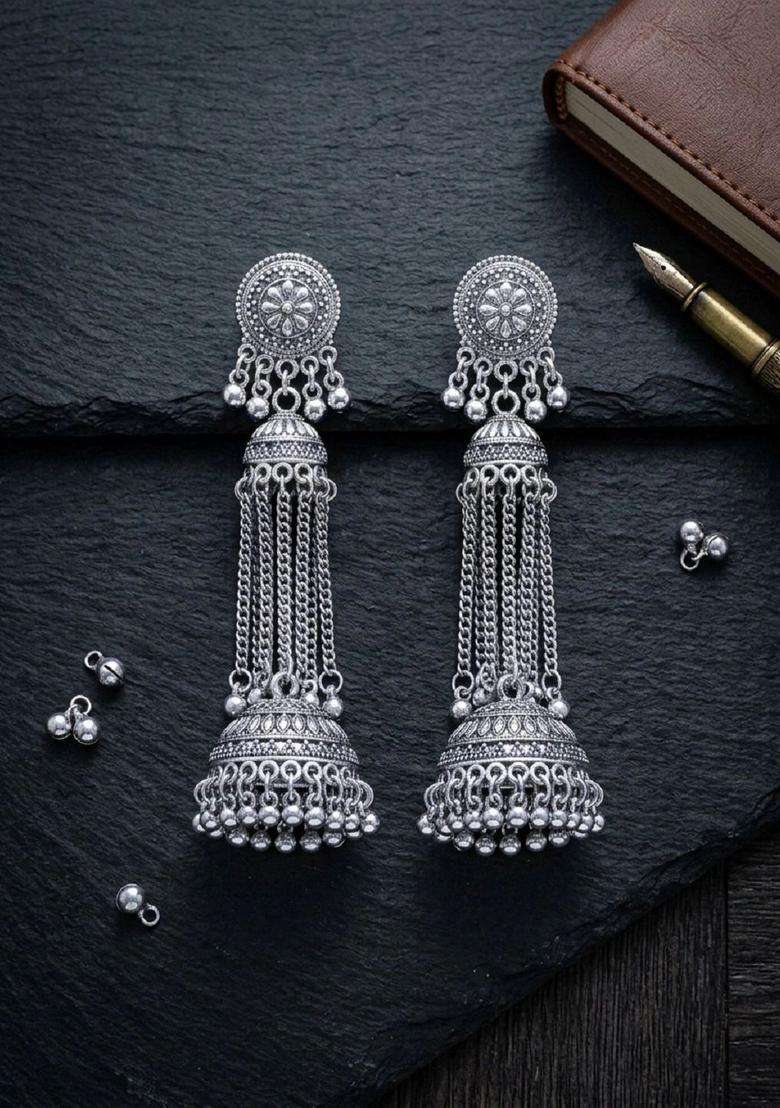 Silver-Plated Circular Jhumkas Earrings for Women | Traditional Ethnic Jewellery for Wedding & Festive Wear | Gift for Her - Indya