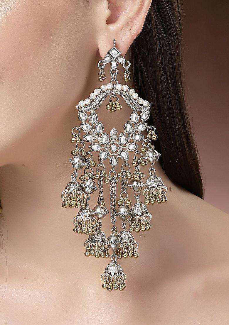 Silver-Plated Kundan Studded Oxidized Drop Earrings for Women | Traditional Ethnic Jewellery for Wedding & Festive Wear | Gift for Her - Indya