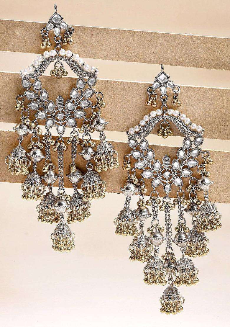 Silver-Plated Kundan Studded Oxidized Drop Earrings for Women | Traditional Ethnic Jewellery for Wedding & Festive Wear | Gift for Her - Indya