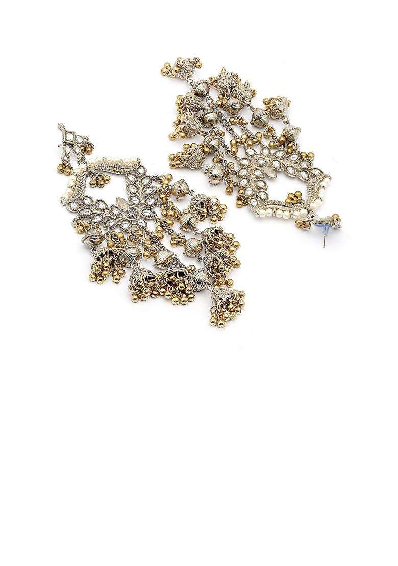 Silver-Plated Kundan Studded Oxidized Drop Earrings for Women | Traditional Ethnic Jewellery for Wedding & Festive Wear | Gift for Her - Indya