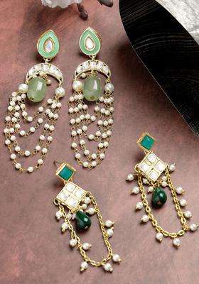 Set of 2 Gold-Plated Drop Earrings with Kundan for Women | Traditional Ethnic Jewellery for Wedding & Festive Wear | Gift for Her