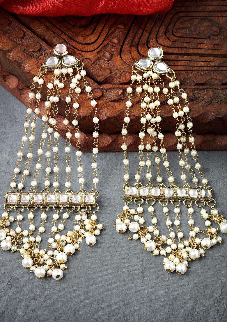 Gold-Plated Pearl Chain Kundan Studded Drop Earrings for Women | Traditional Ethnic Jewellery for Wedding & Festive Wear | Gift for Her - Indya