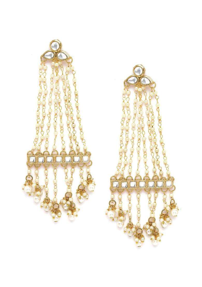 Gold-Plated Pearl Chain Kundan Studded Drop Earrings for Women | Traditional Ethnic Jewellery for Wedding & Festive Wear | Gift for Her - Indya