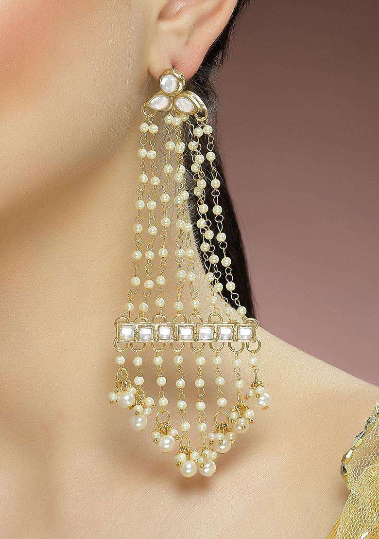 Gold-Plated Pearl Chain Kundan Studded Drop Earrings for Women | Traditional Ethnic Jewellery for Wedding & Festive Wear | Gift for Her - Indya
