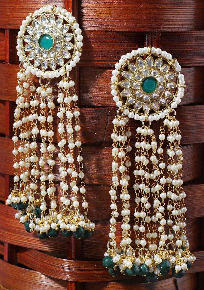 Gold-Plated Green Beads Kundan Tassel Drop Earrings for Women | Traditional Ethnic Jewellery for Wedding & Festive Wear | Gift for Her - Indya