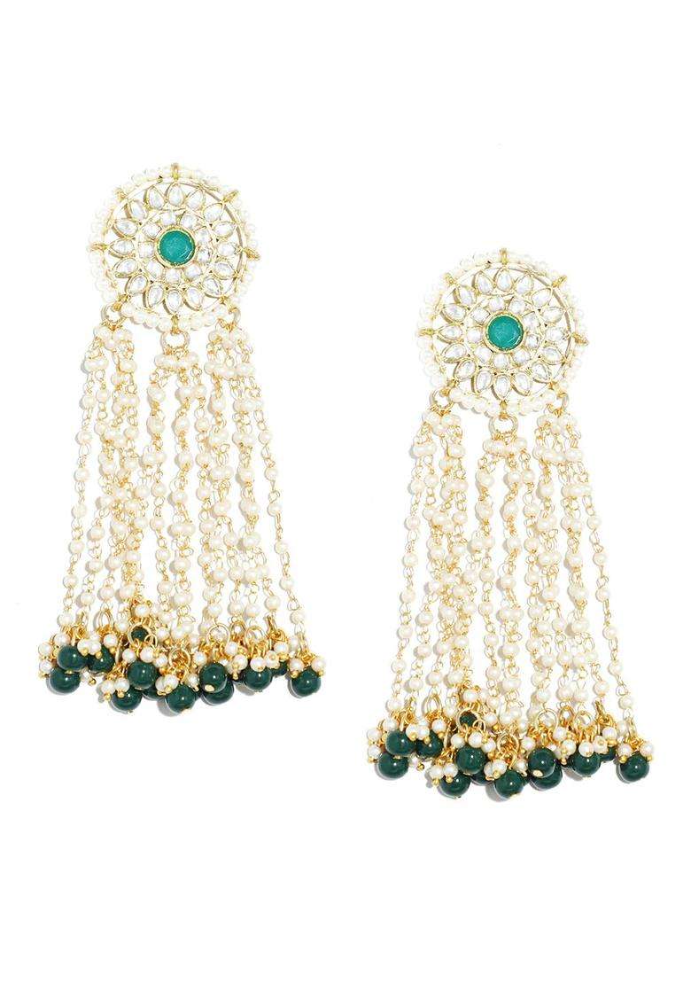 Gold-Plated Green Beads Kundan Tassel Drop Earrings for Women | Traditional Ethnic Jewellery for Wedding & Festive Wear | Gift for Her - Indya