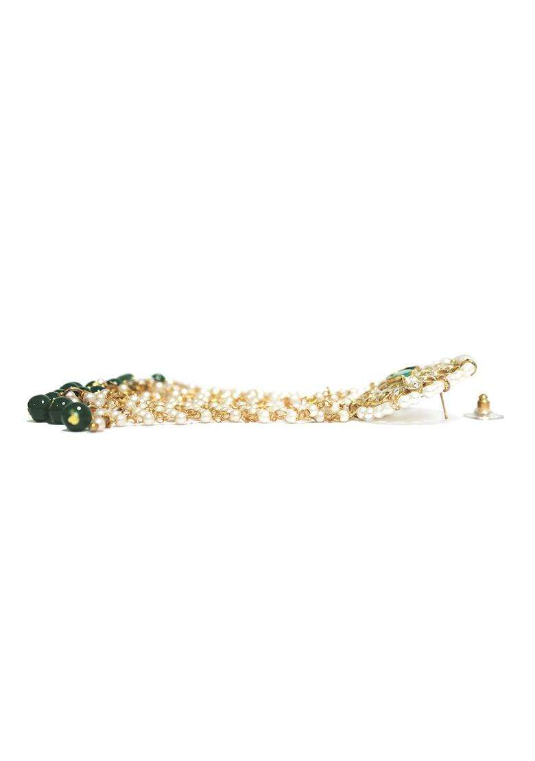Gold-Plated Green Beads Kundan Tassel Drop Earrings for Women | Traditional Ethnic Jewellery for Wedding & Festive Wear | Gift for Her - Indya