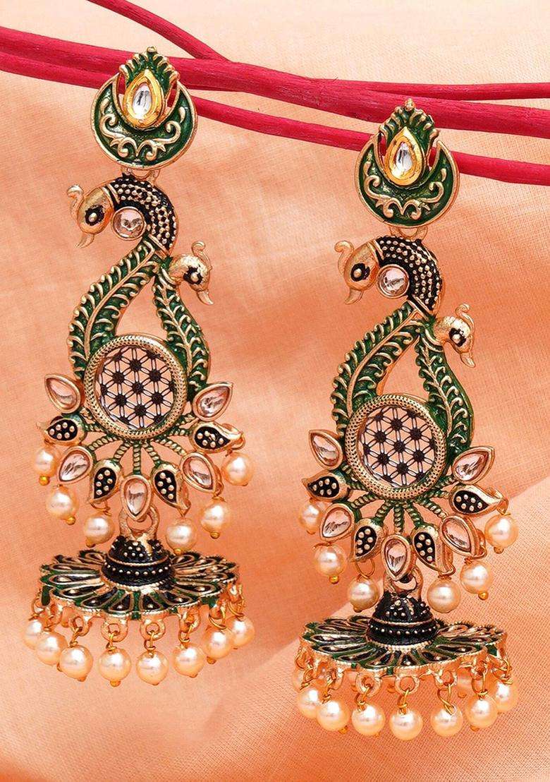 Green Contemporary Peacock Drop Gold-Plated Kundan Jhumki Earrings for Women | Traditional Ethnic Jewellery for Wedding & Festive Wear | Gift for Her - Indya