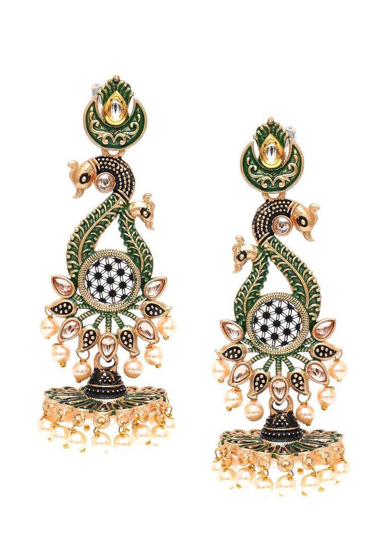 Green Contemporary Peacock Drop Gold-Plated Kundan Jhumki Earrings for Women | Traditional Ethnic Jewellery for Wedding & Festive Wear | Gift for Her - Indya