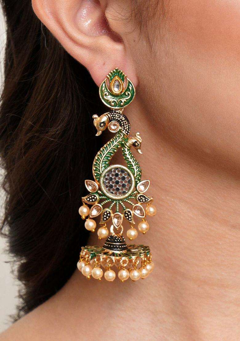 Green Contemporary Peacock Drop Gold-Plated Kundan Jhumki Earrings for Women | Traditional Ethnic Jewellery for Wedding & Festive Wear | Gift for Her - Indya