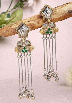 Green Silver-Plated Contemporary Drop Stone Ethnic Earrings with Kundan for Women | Fusion Party & Festive Wear | Gift for Her