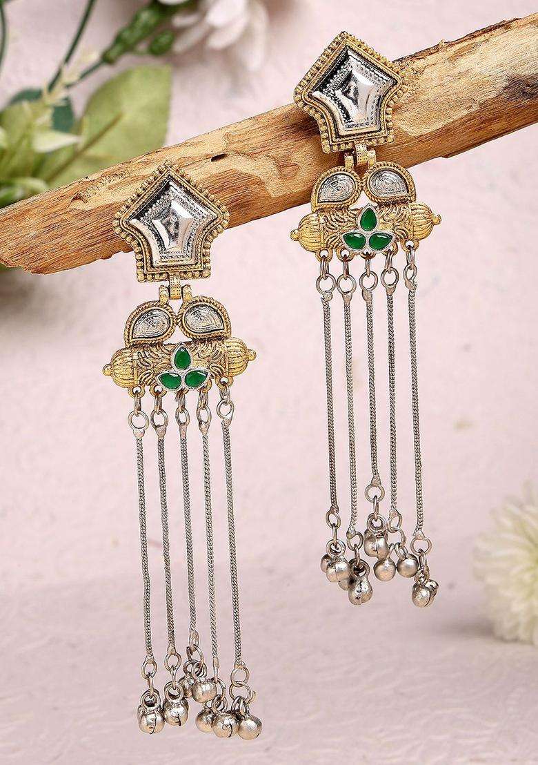 Green Silver-Plated Contemporary Drop Stone Ethnic Earrings with Kundan for Women | Fusion Party & Festive Wear | Gift for Her - Indya