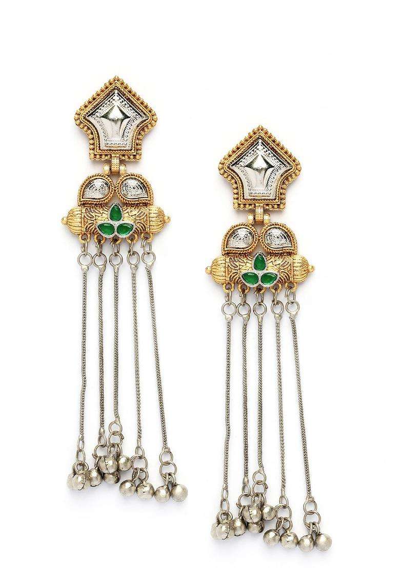 Green Silver-Plated Contemporary Drop Stone Ethnic Earrings with Kundan for Women | Fusion Party & Festive Wear | Gift for Her - Indya