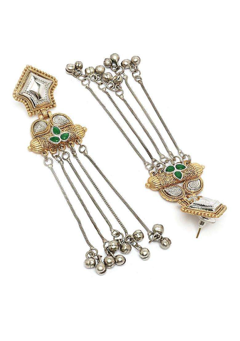 Green Silver-Plated Contemporary Drop Stone Ethnic Earrings with Kundan for Women | Fusion Party & Festive Wear | Gift for Her - Indya