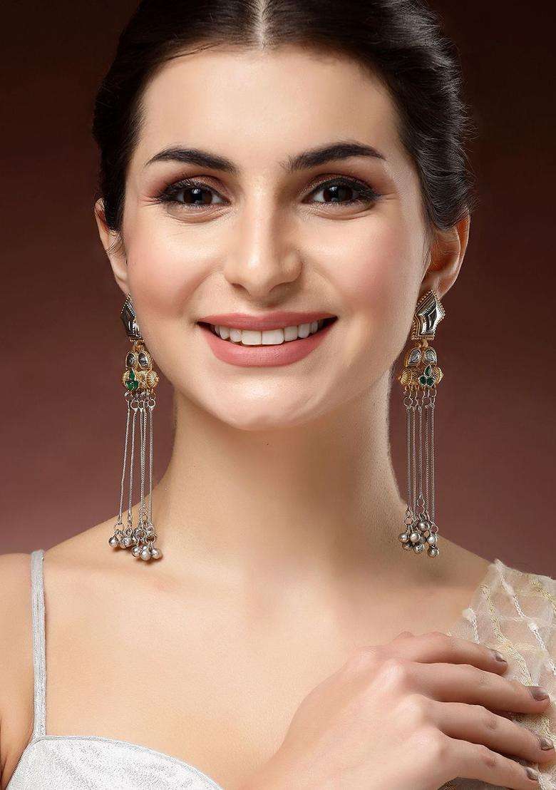 Green Silver-Plated Contemporary Drop Stone Ethnic Earrings with Kundan for Women | Fusion Party & Festive Wear | Gift for Her - Indya
