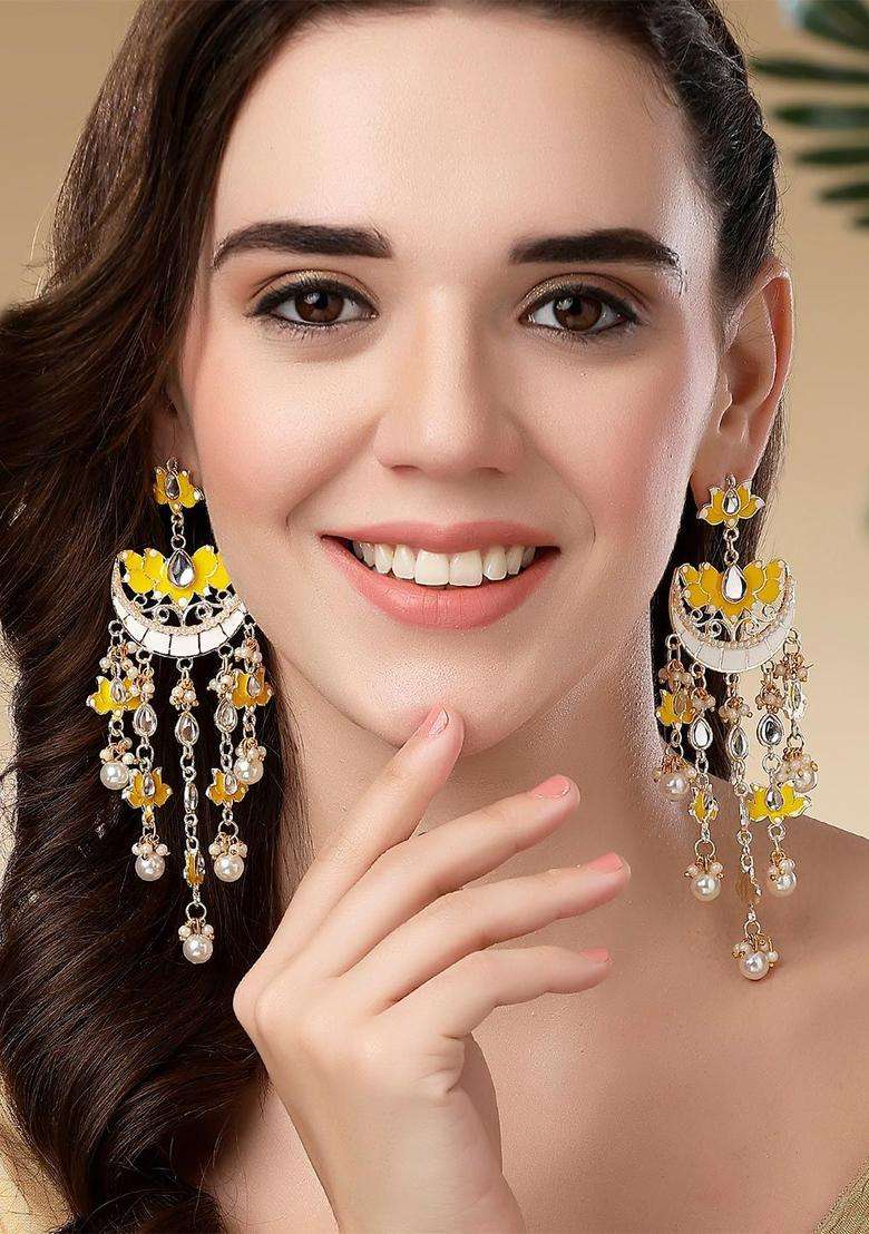 Yellow Gold-Plated Kundan-Studded Contemporary Drop Earrings for Women | Fusion Party & Festive Wear | Gift for Her - Indya