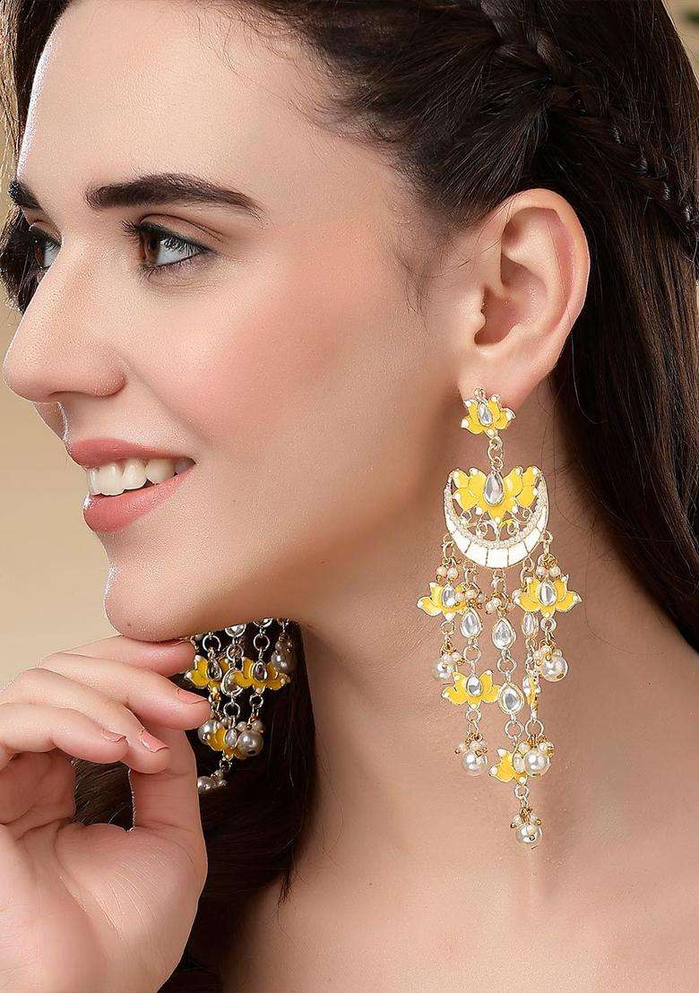 Yellow Gold-Plated Kundan-Studded Contemporary Drop Earrings for Women | Fusion Party & Festive Wear | Gift for Her - Indya