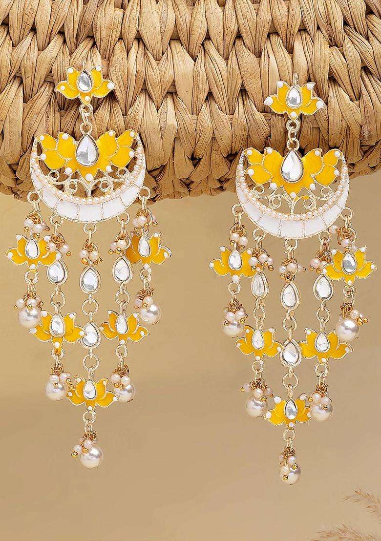 Yellow Gold-Plated Kundan-Studded Contemporary Drop Earrings for Women | Fusion Party & Festive Wear | Gift for Her - Indya