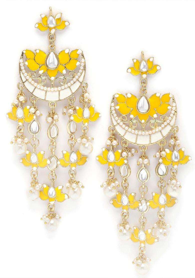 Yellow Gold-Plated Kundan-Studded Contemporary Drop Earrings for Women | Fusion Party & Festive Wear | Gift for Her - Indya