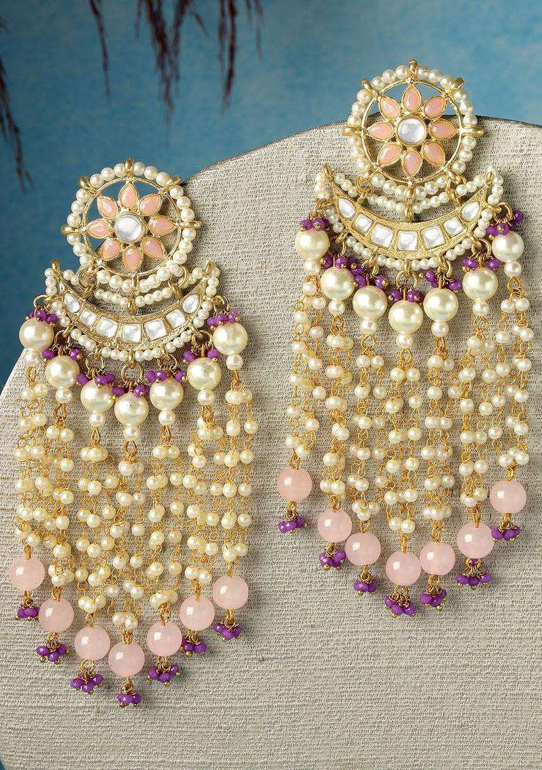 Pink Gold-Plated Kundan Studded Drop Earrings for Women | Traditional Ethnic Jewellery for Wedding & Festive Wear | Gift for Her - Indya