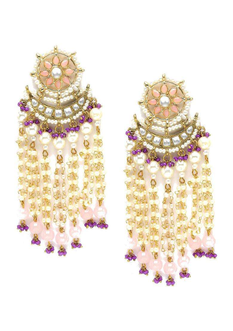 Pink Gold-Plated Kundan Studded Drop Earrings for Women | Traditional Ethnic Jewellery for Wedding & Festive Wear | Gift for Her - Indya