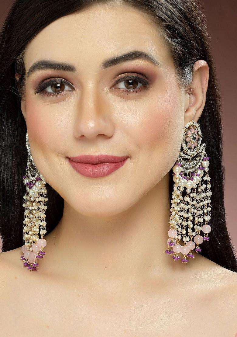 Pink Gold-Plated Kundan Studded Drop Earrings for Women | Traditional Ethnic Jewellery for Wedding & Festive Wear | Gift for Her - Indya