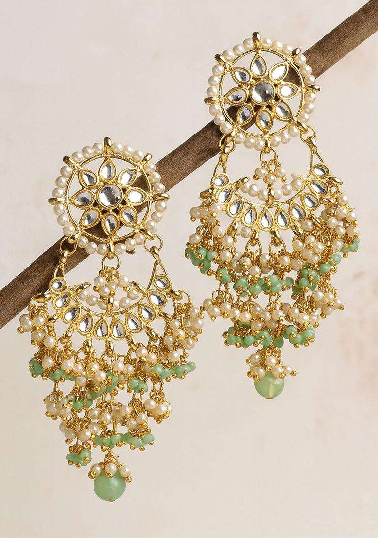 Gold-Plated Lime Green Contemporary Chandbalis Earrings with Kundan for Women | Traditional Ethnic Jewellery for Wedding & Festive Wear | Gift for Her - Indya