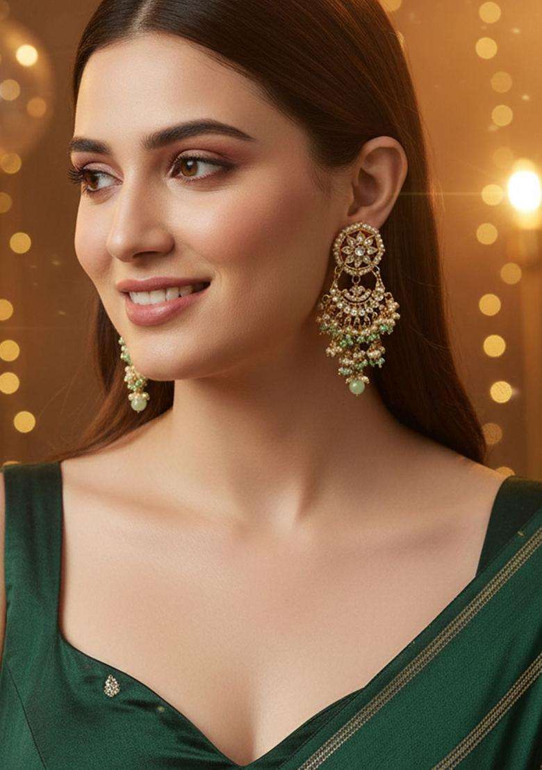 Gold-Plated Lime Green Contemporary Chandbalis Earrings with Kundan for Women | Traditional Ethnic Jewellery for Wedding & Festive Wear | Gift for Her - Indya