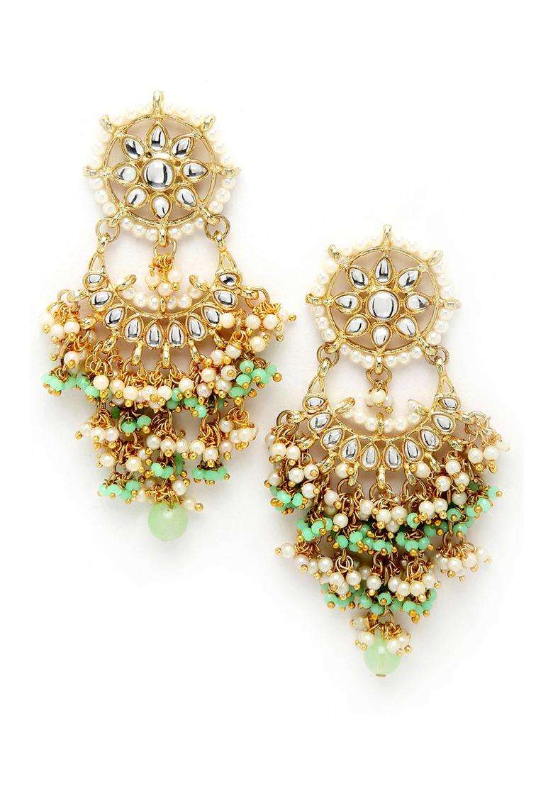Gold-Plated Lime Green Contemporary Chandbalis Earrings with Kundan for Women | Traditional Ethnic Jewellery for Wedding & Festive Wear | Gift for Her - Indya
