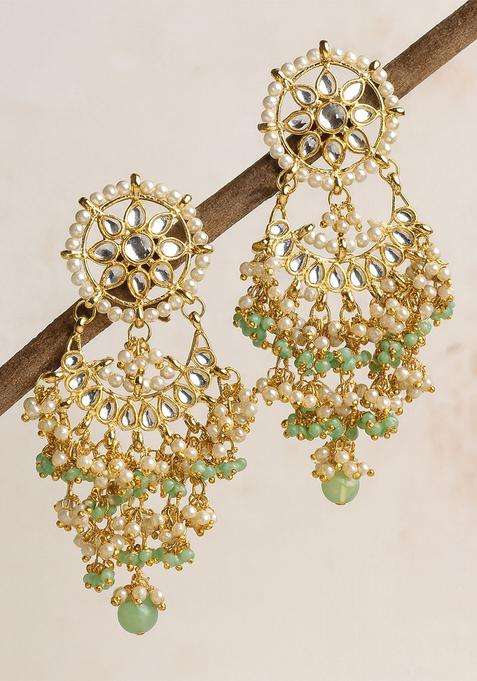 Gold-Plated Lime Green Contemporary Chandbalis Earrings with Kundan for Women | Traditional Ethnic Jewellery for Wedding & Festive Wear | Gift for Her
