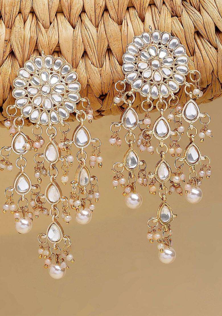 Off-White Gold-Plated Stone-Studded Floral Drop Earrings for Women | Traditional Ethnic Jewellery for Wedding & Festive Wear | Gift for Her - Indya