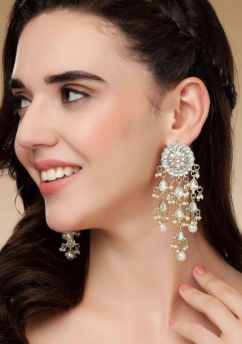 Off-White Gold-Plated Stone-Studded Floral Drop Earrings for Women | Traditional Ethnic Jewellery for Wedding & Festive Wear | Gift for Her - Indya