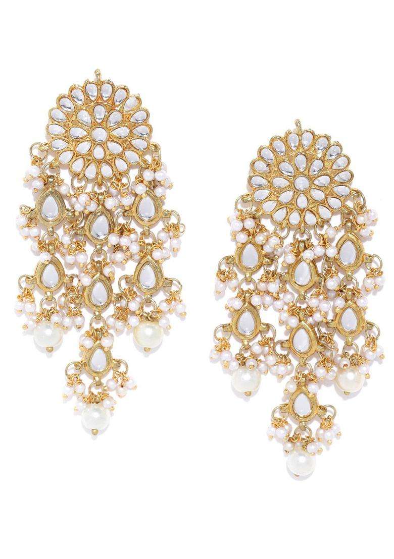 Off-White Gold-Plated Stone-Studded Floral Drop Earrings for Women | Traditional Ethnic Jewellery for Wedding & Festive Wear | Gift for Her - Indya