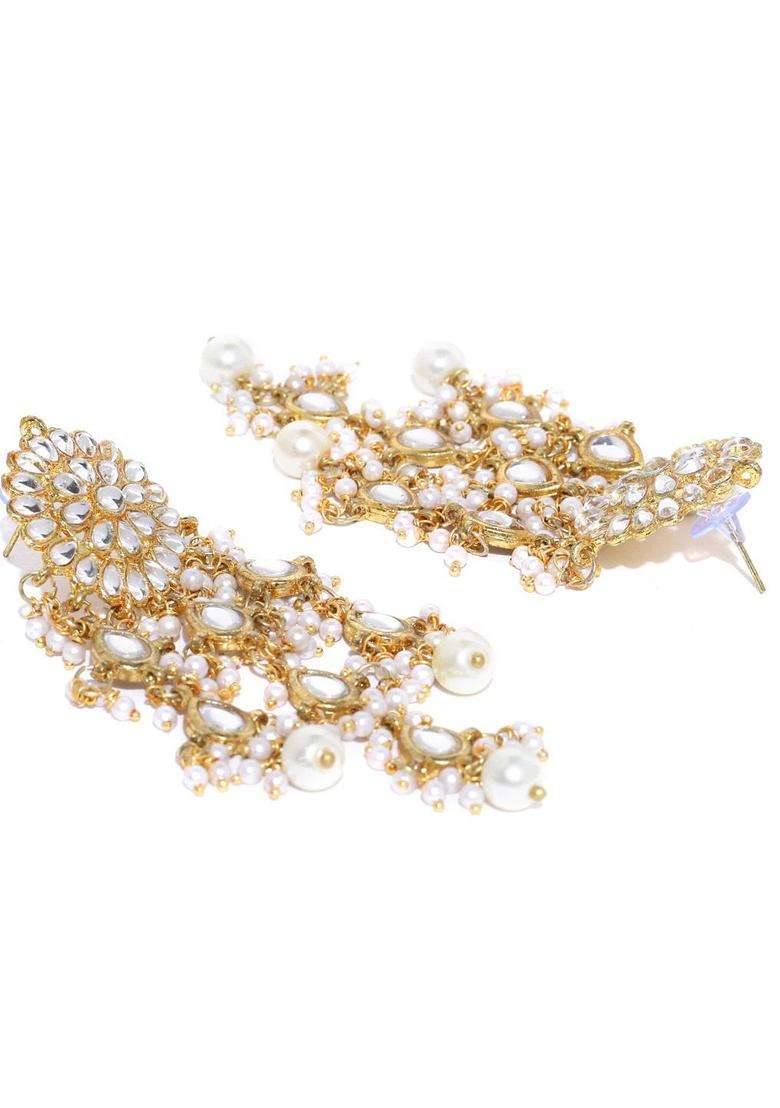Off-White Gold-Plated Stone-Studded Floral Drop Earrings for Women | Traditional Ethnic Jewellery for Wedding & Festive Wear | Gift for Her - Indya