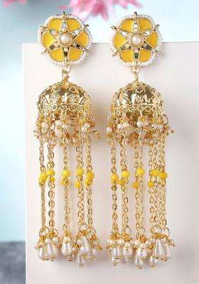 Yellow Gold-Plated Contemporary Jhumkas Kundan Jhumki Earrings with Pearl for Women | Traditional Ethnic Jewellery for Wedding & Festive Wear | Gift for Her