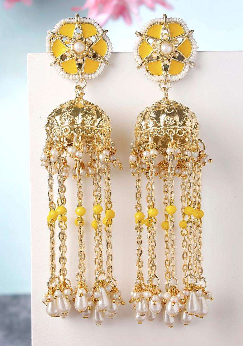 Yellow Gold-Plated Contemporary Jhumkas Kundan Jhumki Earrings with Pearl for Women | Traditional Ethnic Jewellery for Wedding & Festive Wear | Gift for Her - Indya