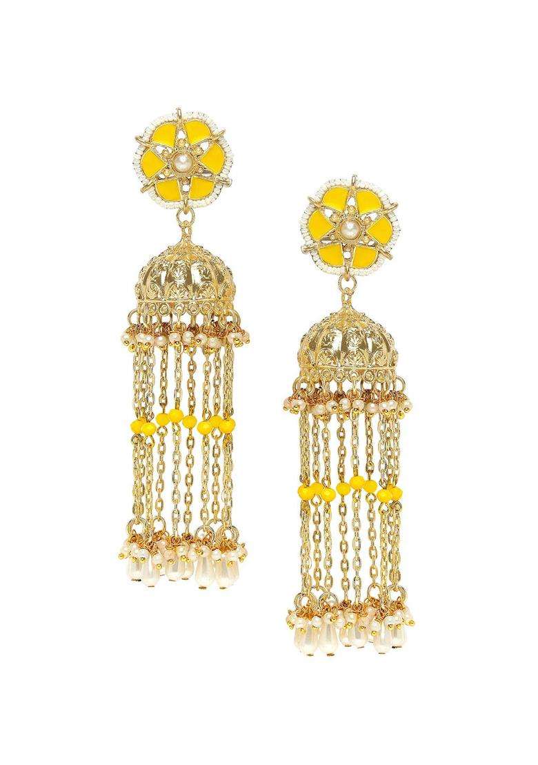 Yellow Gold-Plated Contemporary Jhumkas Kundan Jhumki Earrings with Pearl for Women | Traditional Ethnic Jewellery for Wedding & Festive Wear | Gift for Her - Indya