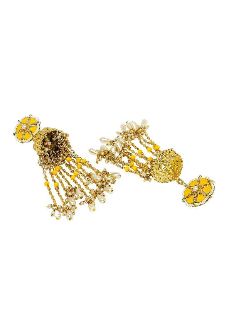 Yellow Gold-Plated Contemporary Jhumkas Kundan Jhumki Earrings with Pearl for Women | Traditional Ethnic Jewellery for Wedding & Festive Wear | Gift for Her - Indya