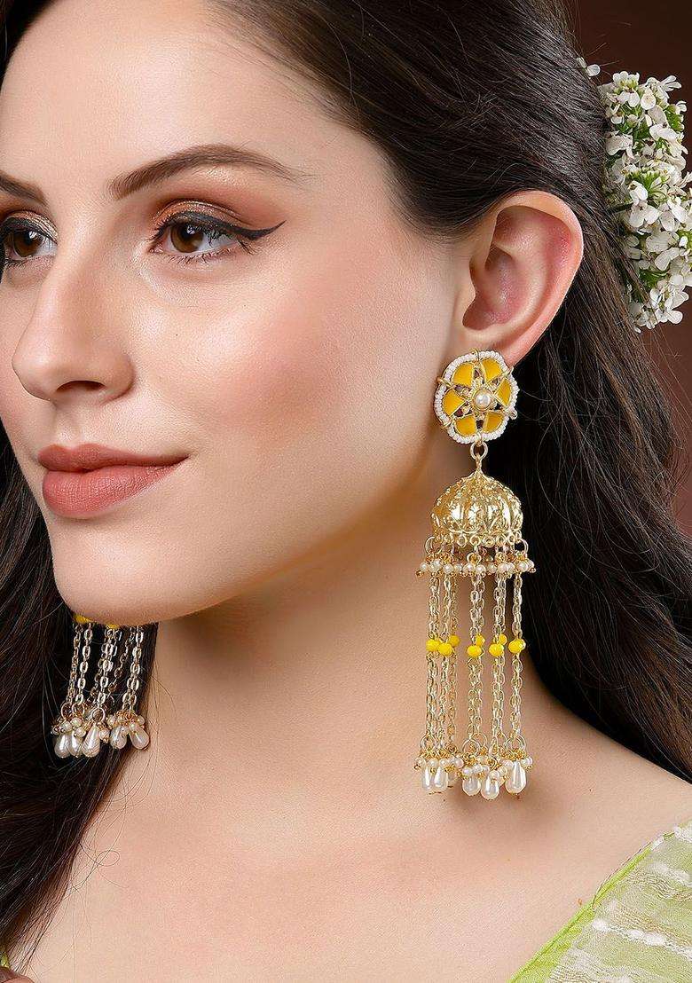 Yellow Gold-Plated Contemporary Jhumkas Kundan Jhumki Earrings with Pearl for Women | Traditional Ethnic Jewellery for Wedding & Festive Wear | Gift for Her - Indya