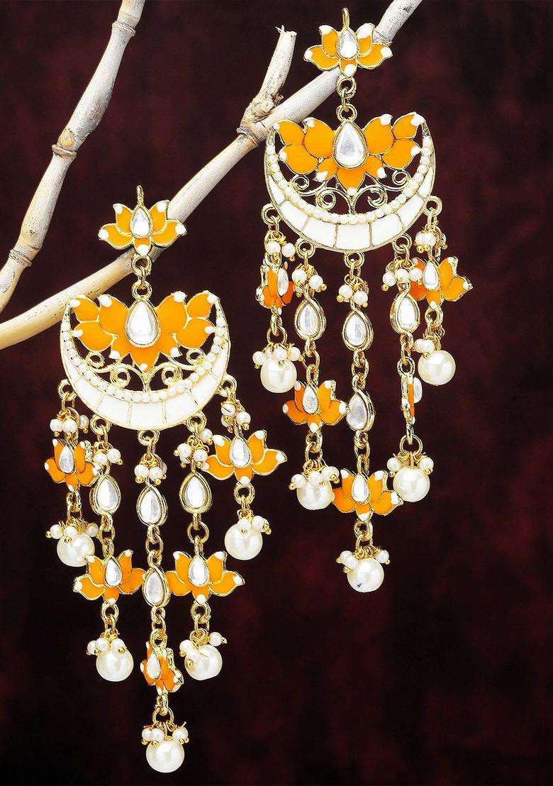 Gold-Plated Kundan Studded Lotus Shaped Chandbalis Dangler Earrings for Women | Fusion Party & Festive Wear | Gift for Her - Indya