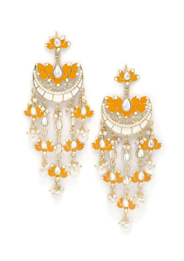 Gold-Plated Kundan Studded Lotus Shaped Chandbalis Dangler Earrings for Women | Fusion Party & Festive Wear | Gift for Her - Indya