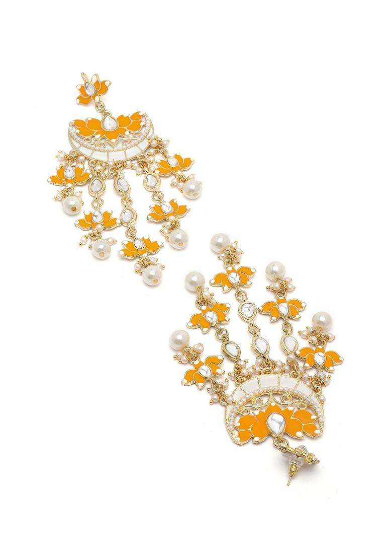 Gold-Plated Kundan Studded Lotus Shaped Chandbalis Dangler Earrings for Women | Fusion Party & Festive Wear | Gift for Her - Indya
