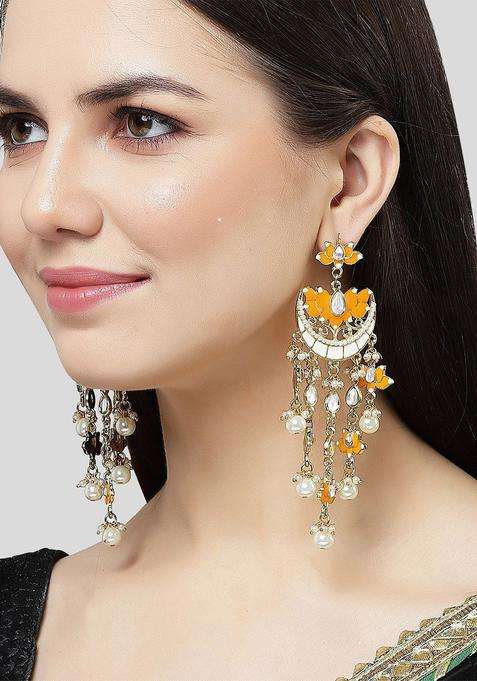 Gold-Plated Kundan Studded Lotus Shaped Chandbalis Dangler Earrings for Women | Fusion Party & Festive Wear | Gift for Her